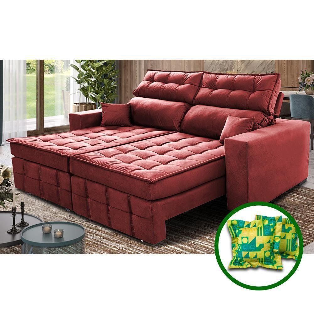 Sofá Retrátil E Reclinável 2,00m Molas Ensacadas E Costura Tripla Cama Inbox Japão Velusoft Vermelho - 1