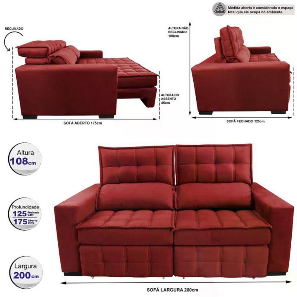 Sofá Retrátil E Reclinável 2,00m Molas Ensacadas E Costura Tripla Cama Inbox Japão Velusoft Vermelho - 8