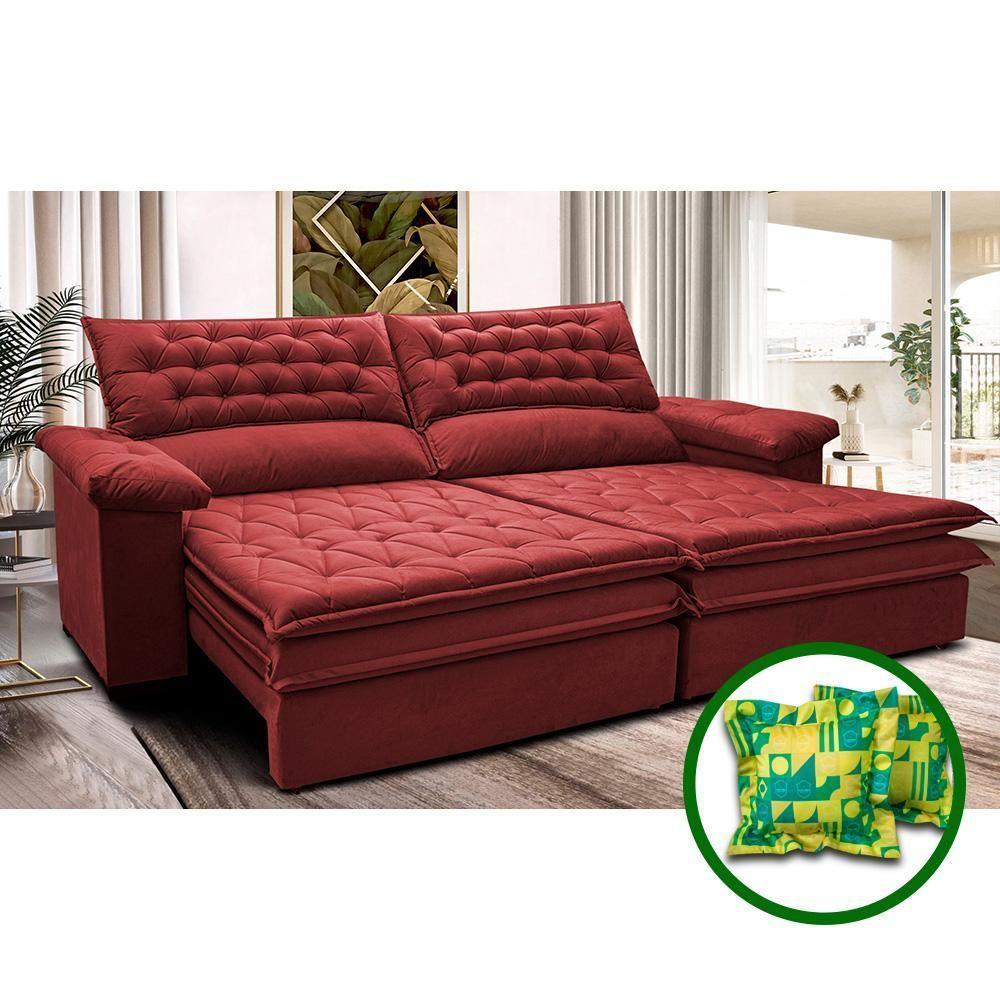 Sofá Retrátil E Reclinável 2,12m Molas Ensacadas Cama Inbox Alemanha Viscoelástico Velusoft Vermelho - 1