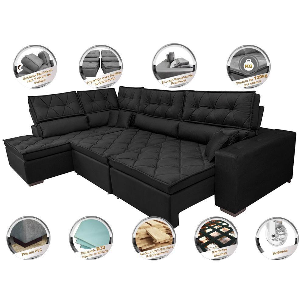 Sofá De Canto Retrátil E Reclinável Esquerdo 3,40x2,36m Molas Cama Inbox Espanha Velusoft Preto - 7