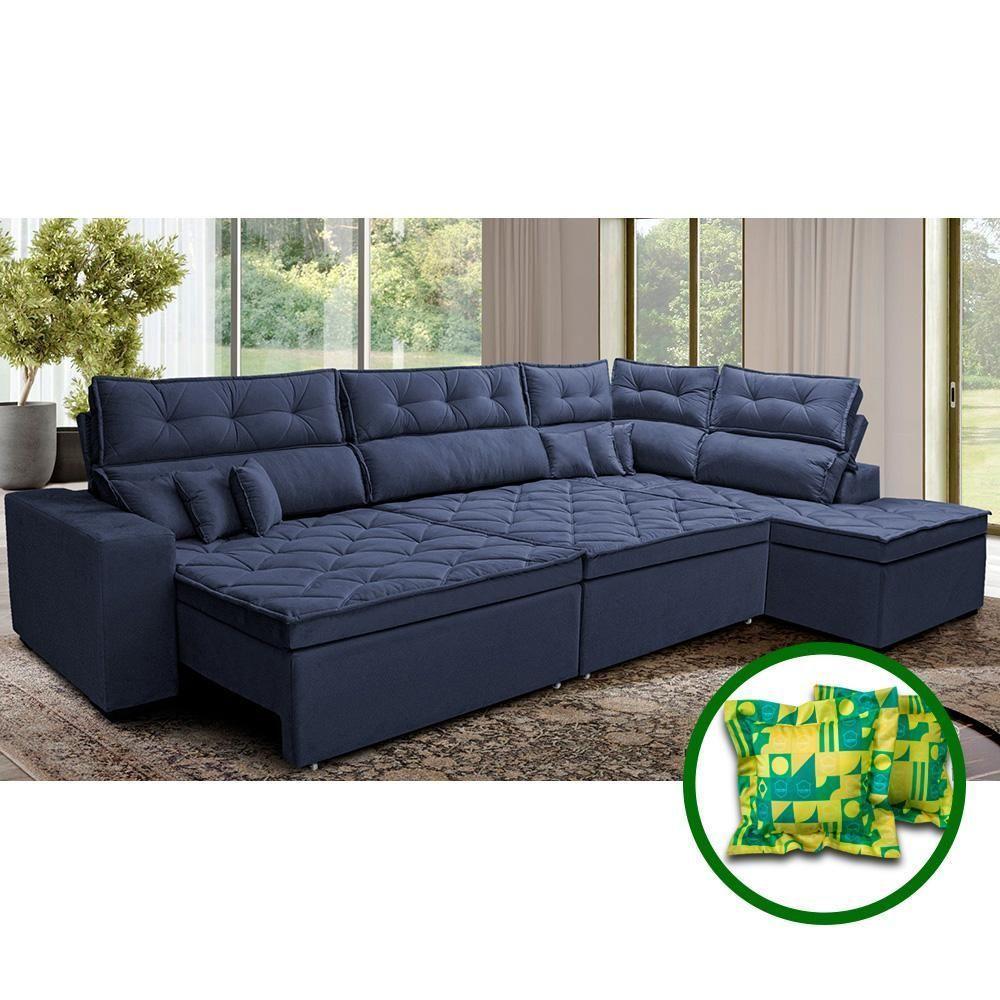 Sofá De Canto Retrátil E Reclinável Direito 3,40x2,36m Molas Cama Inbox Espanha Velusoft Azul - 1