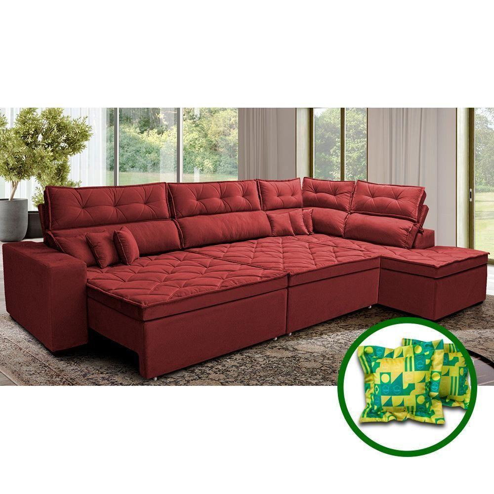 Sofá De Canto Retrátil E Reclinável Direito 3,40x2,36m Molas Cama Inbox Espanha Velusoft Vermelho - 1