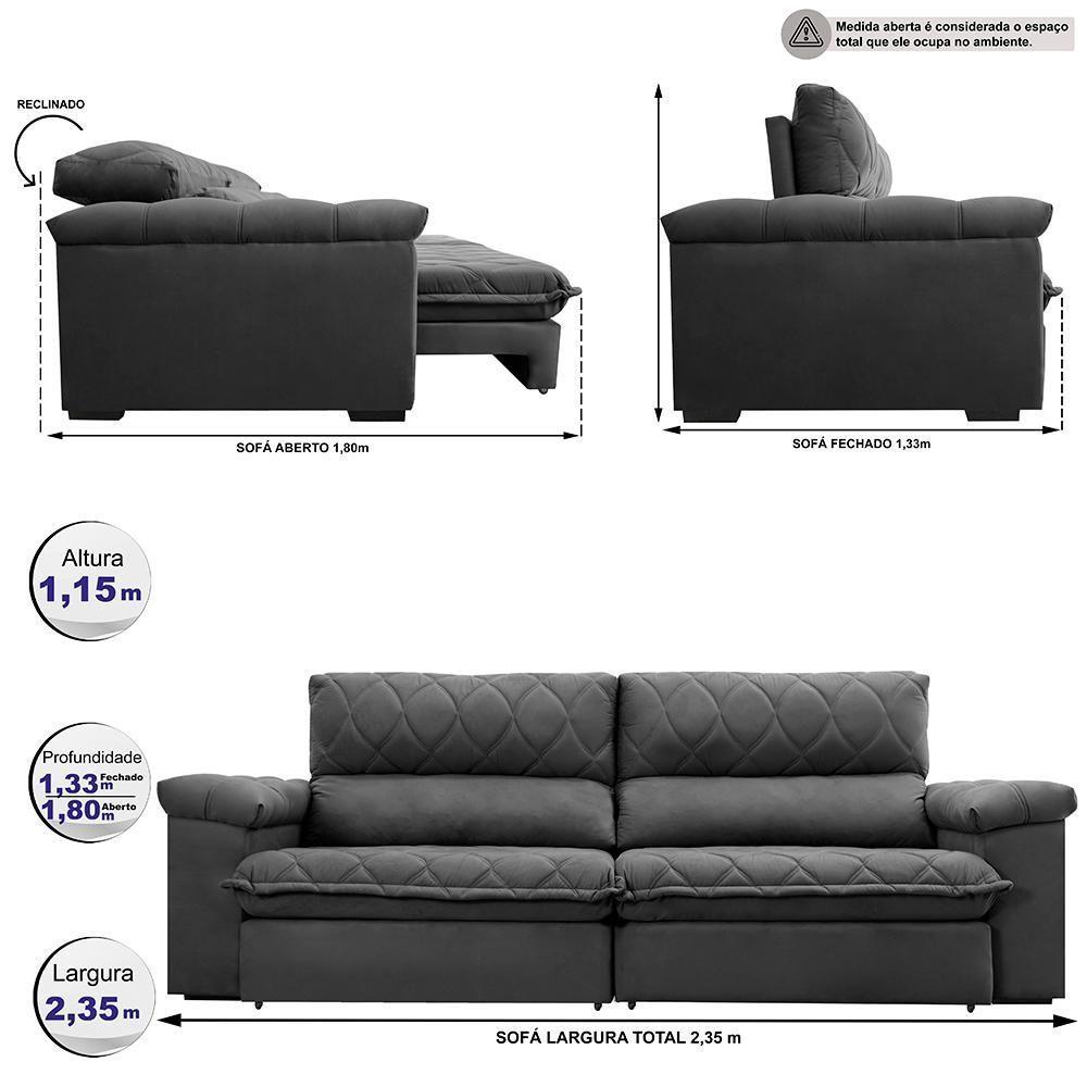 Sofá Retrátil E Reclinável 2,35m Molas Ensacadas Cama Inbox Big Home Com Bordado 3d Velusoft Cinza - 8