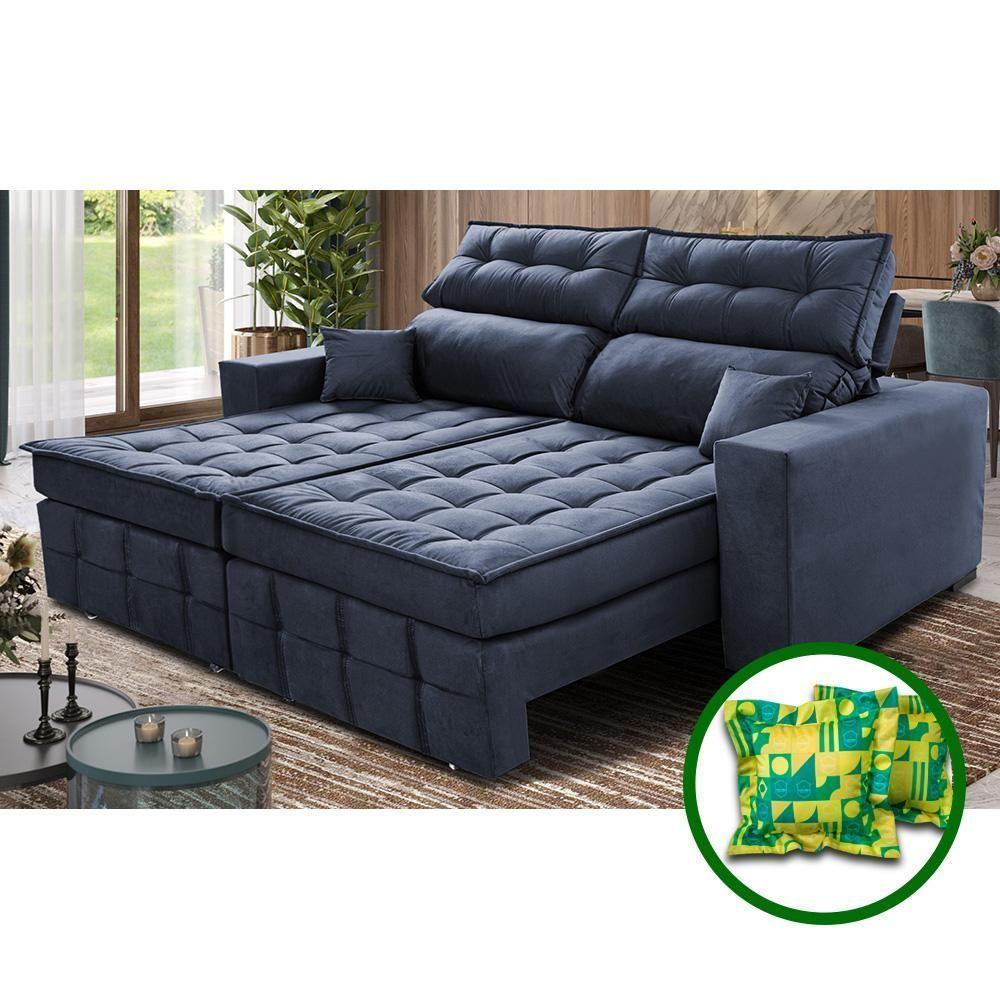 Sofá Retrátil E Reclinável 2,20m Molas Ensacadas E Costura Tripla Cama Inbox Japão Velusoft Azul - 1