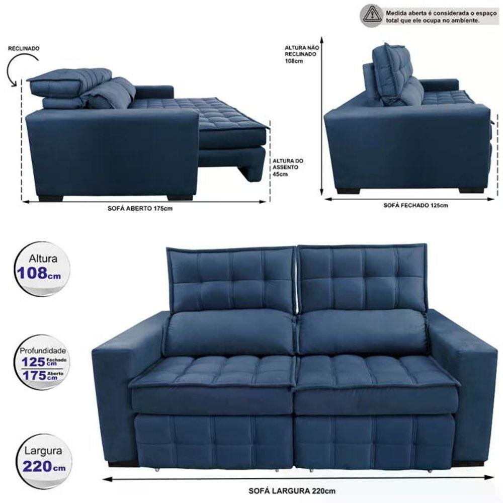 Sofá Retrátil E Reclinável 2,20m Molas Ensacadas E Costura Tripla Cama Inbox Japão Velusoft Azul - 8