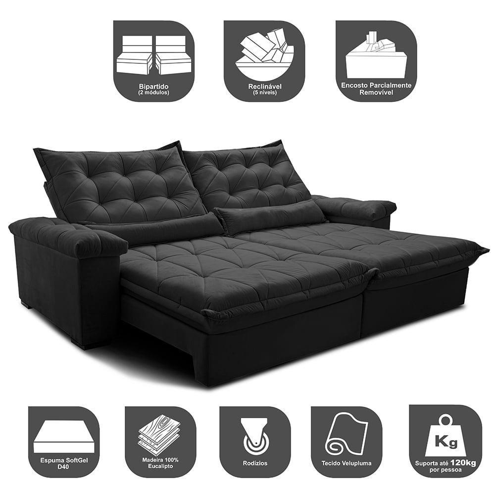 Sofá Retrátil E Reclinável 2,15M Cama Inbox Big Fresh Com Softgel D40 Velupluma Preto - 7