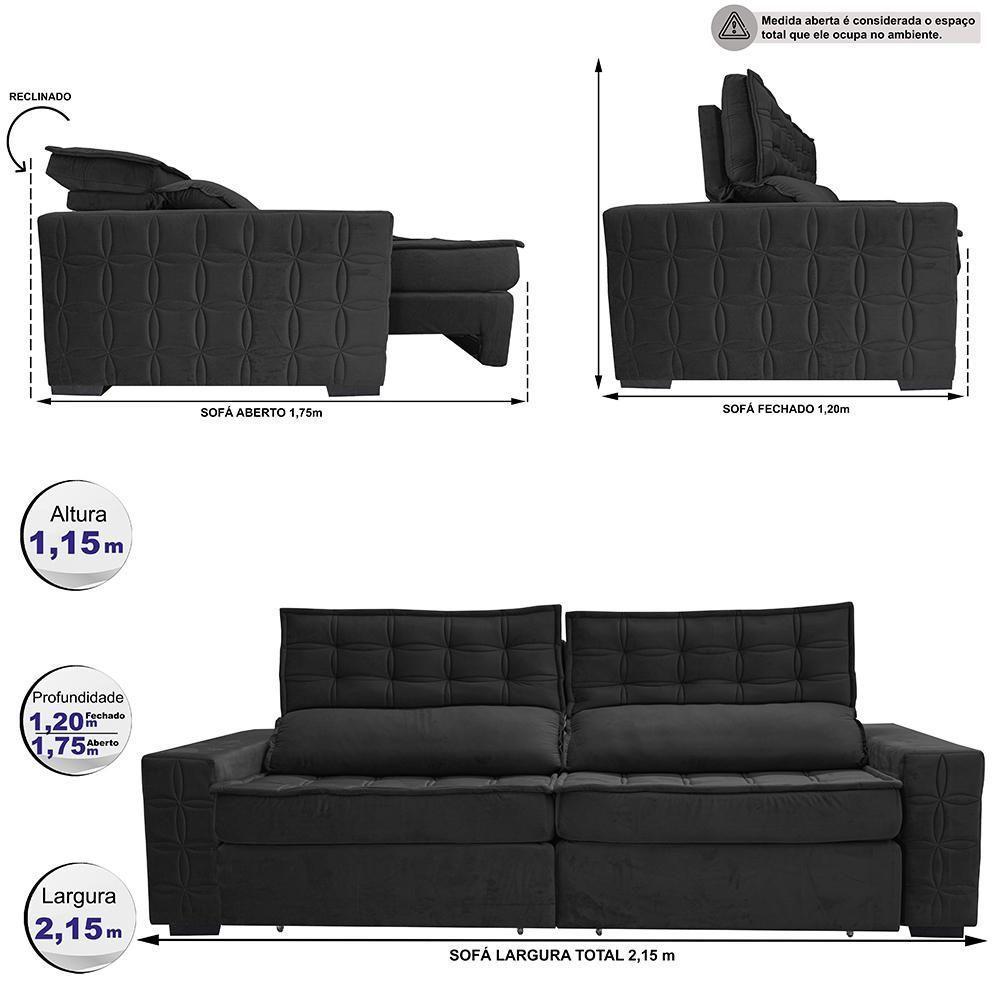 Sofá Retrátil E Reclinável 2,15M Cama Inbox Big Star Com Softgel D40 Velupluma Preto - 8
