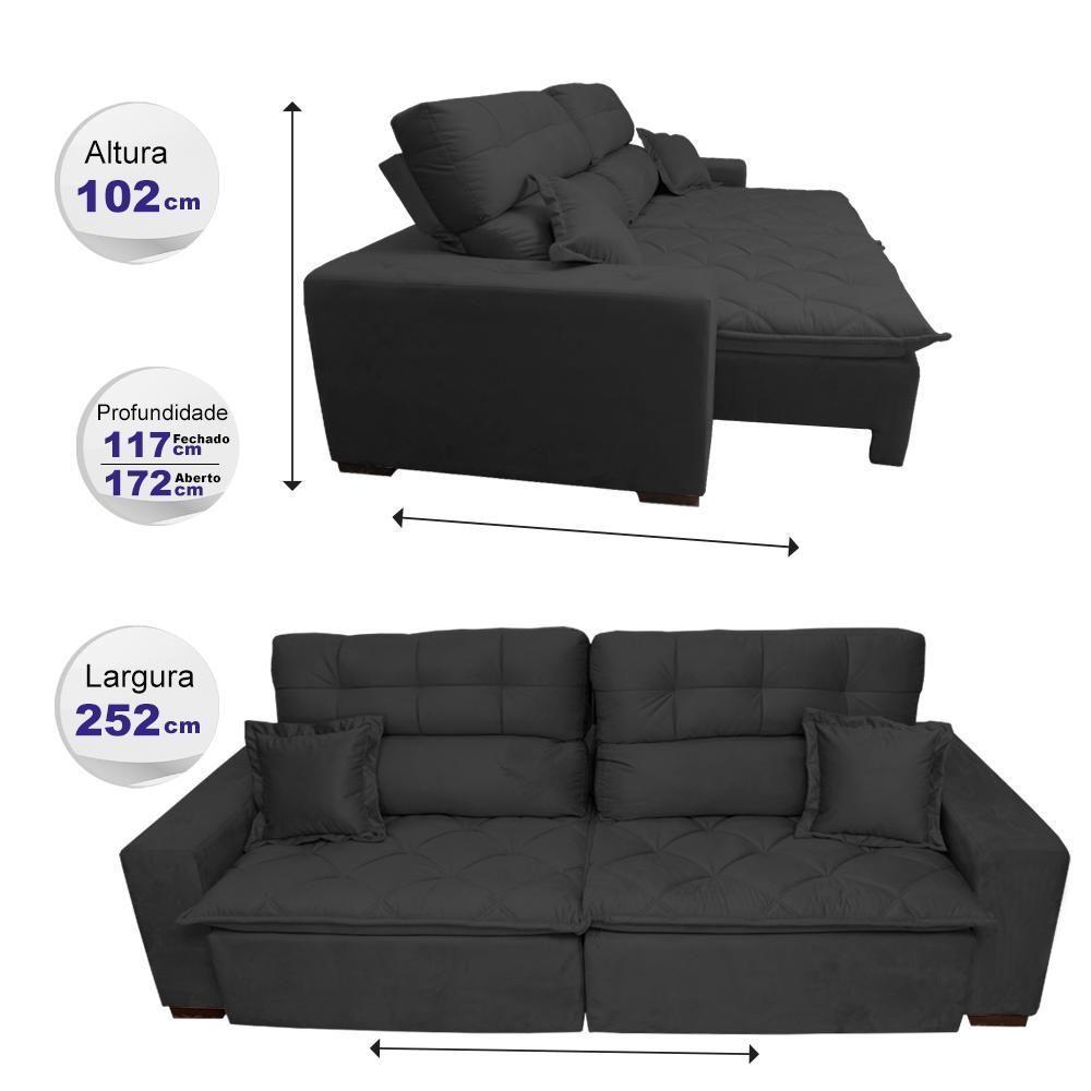 Sofá 2,52m Retrátil E Reclinável Com Molas Cama Inbox Confort Tecido Suede Velusoft Preto - 7