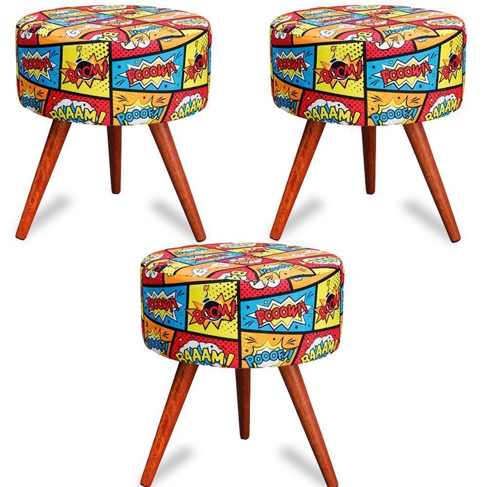 Kit 3 Puff Cama Inbox Boom Redondo Com Pés Em Madeira Maciça Tecido Suede - 1