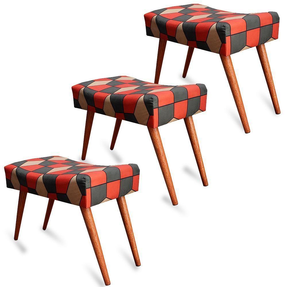 Kit 3 Puff Cama Inbox Kingston Retangular Com Pés Em Madeira Maciça Tecido Suede - 1