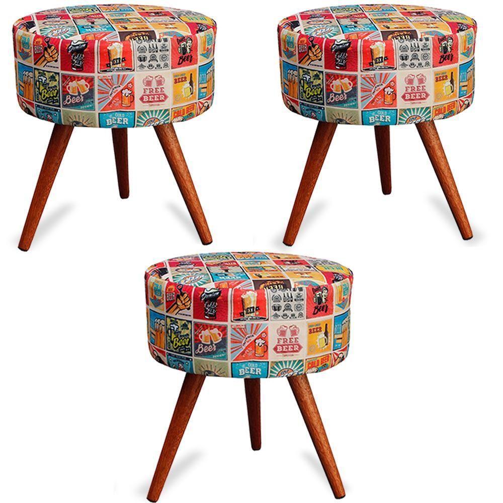 Kit 3 Puff Cama Inbox Las Vegas Redondo Com Pés Em Madeira Maciça Tecido Suede - 1