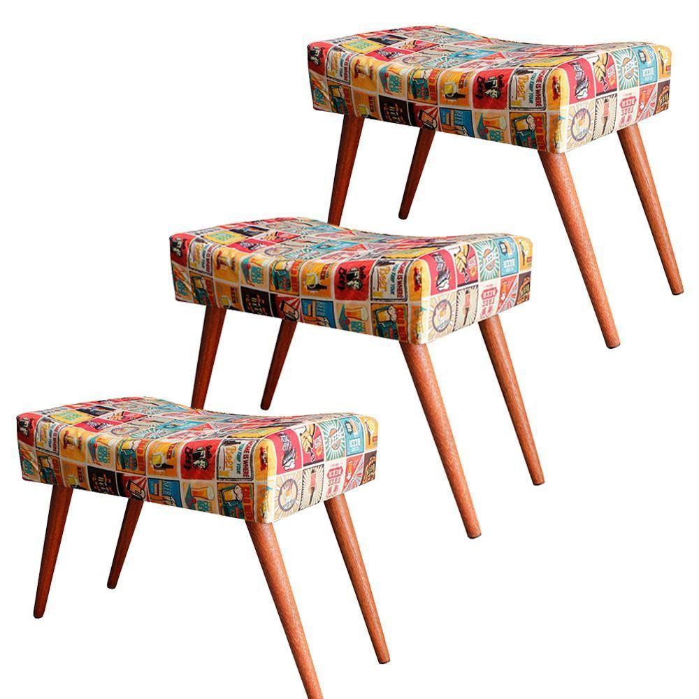 Kit 3 Puff Cama Inbox Las Vegas Retangular Com Pés Em Madeira Maciça Tecido Suede - 1