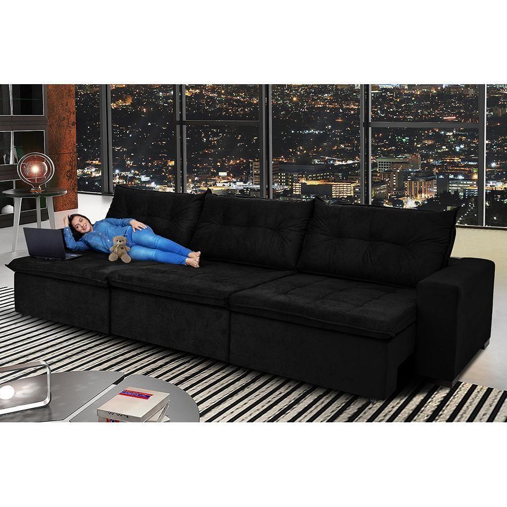 Sofá Austrália 3,52 Mts Retrátil, Reclinável Com Molas E Pillow No Assento Tecido Suede Preto - 1