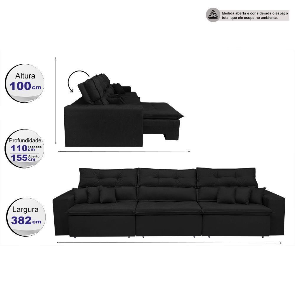 Sofá Cairo 3,82m Retrátil, Reclinável Tecido Suede Preto - 8