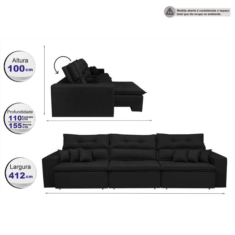 Sofá Cairo 4,12m Retrátil, Reclinável Tecido Suede Preto - 8