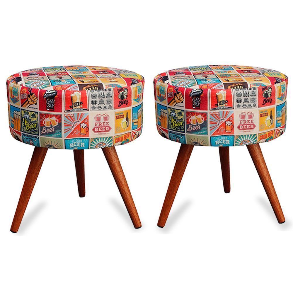 Kit 2 Puff Cama Inbox Las Vegas Redondo Com Pés Em Madeira Maciça Tecido Suede - 1