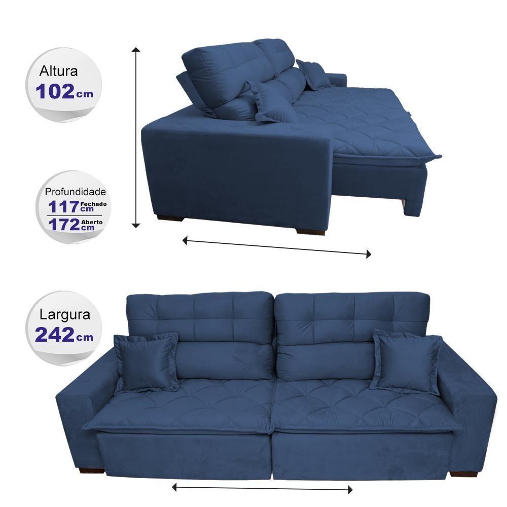 Sofá 2,42m Retrátil E Reclinável Com Molas Cama Inbox Confort Tecido Suede Velusoft Azul - 7
