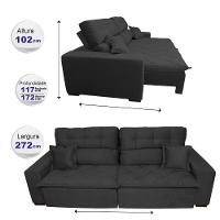 Sofá 2,72m Retrátil E Reclinável Com Molas Cama Inbox Confort Tecido Suede Velft Preto - 7