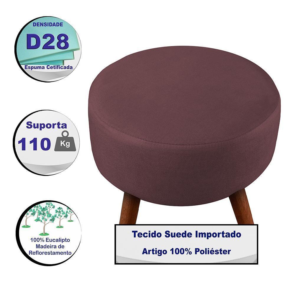 Puff Cama Inbox Hilda Redondo Com Pés Em Madeira Maciça Tecido Suede Vinho - 2