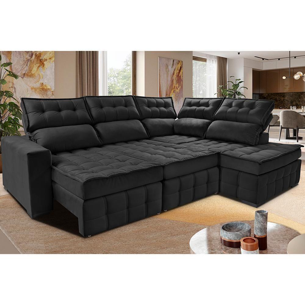 Sofá De Canto Direito 2,65x2,30m Retrátil E Reclinável Com Molas Ensacadas Cama Inbox Nobre Preto - 1