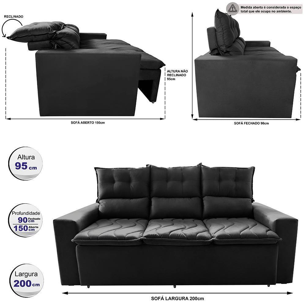 Sofá 3 Lugares Retrátil E Reclinável 2,00m Cama Inbox Smal Com Bordado Pantográfico Suede Preto - 8