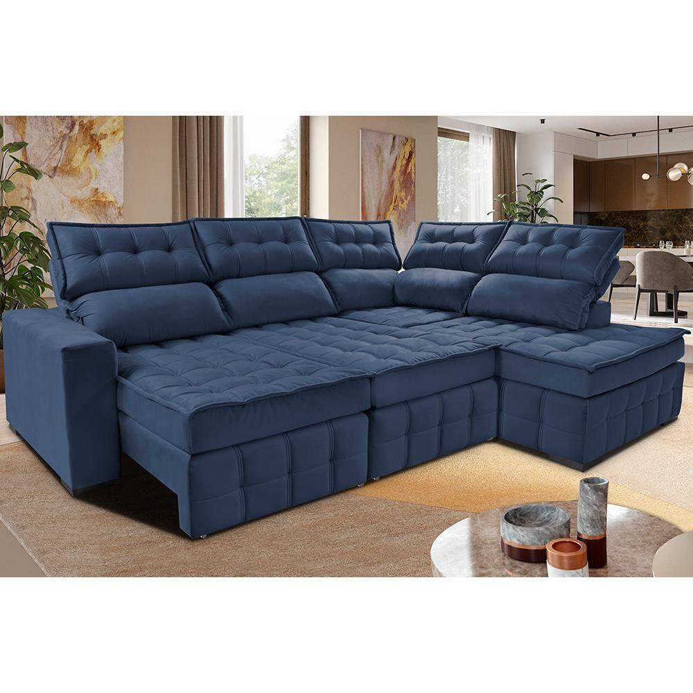 Sofá De Canto Direito 2,65x2,30m Retrátil E Reclinável Com Molas Ensacadas Cama Inbox Nobre Azul - 1
