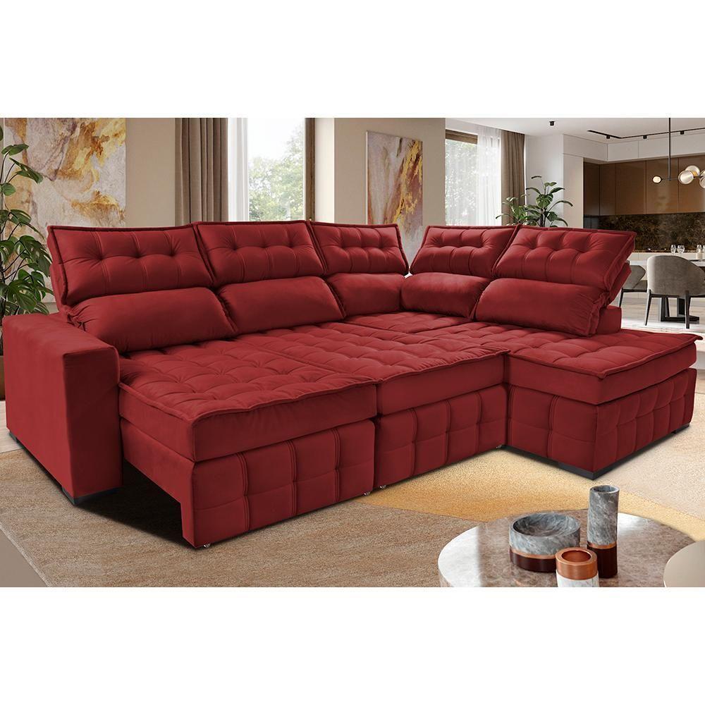 Sofá De Canto Direito 2,65x2,30m Retrátil E Reclinável Com Molas Ensacadas Cama Inbox Nobre Vermelho - 1