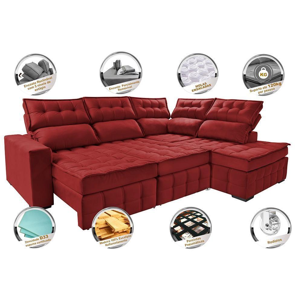 Sofá De Canto Direito 2,65x2,30m Retrátil E Reclinável Com Molas Ensacadas Cama Inbox Nobre Vermelho - 6
