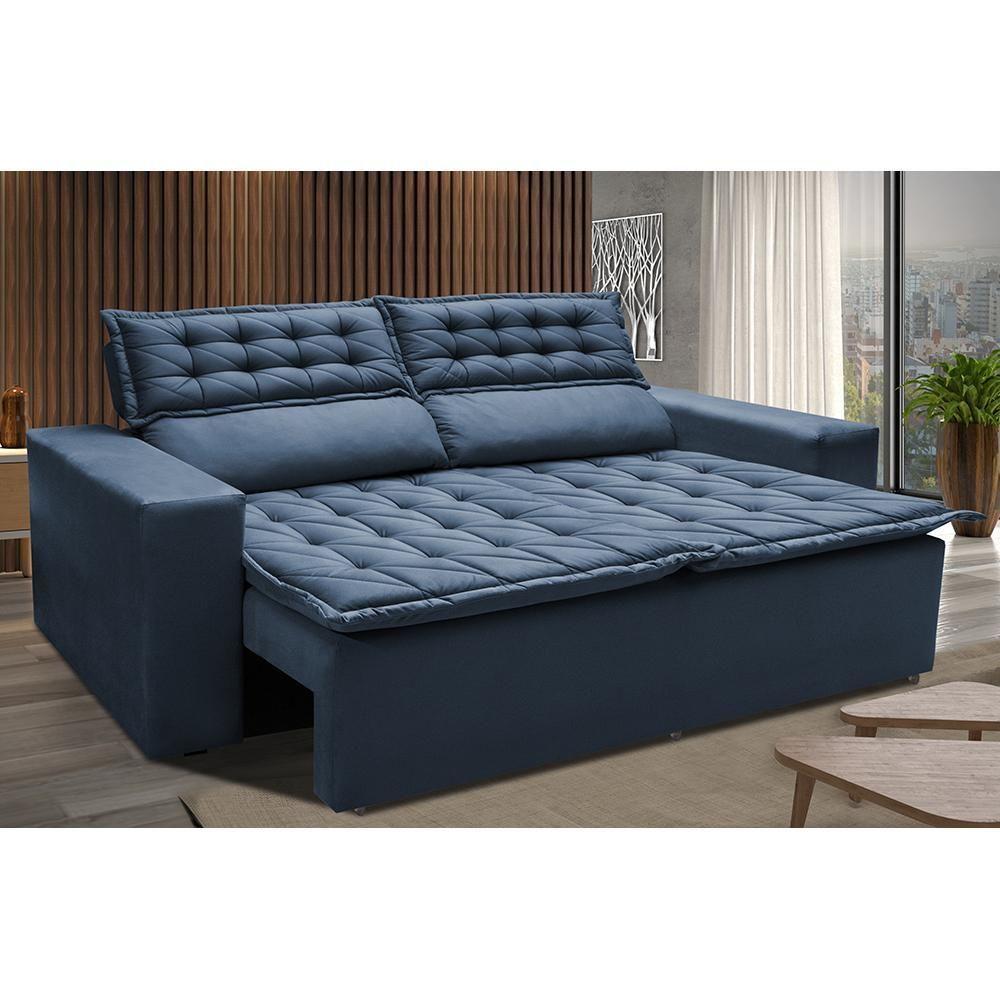 Sofá 3 Lugares Retrátil E Reclinável Cama Inbox Slim 1,80m Velusoft Azul - 1