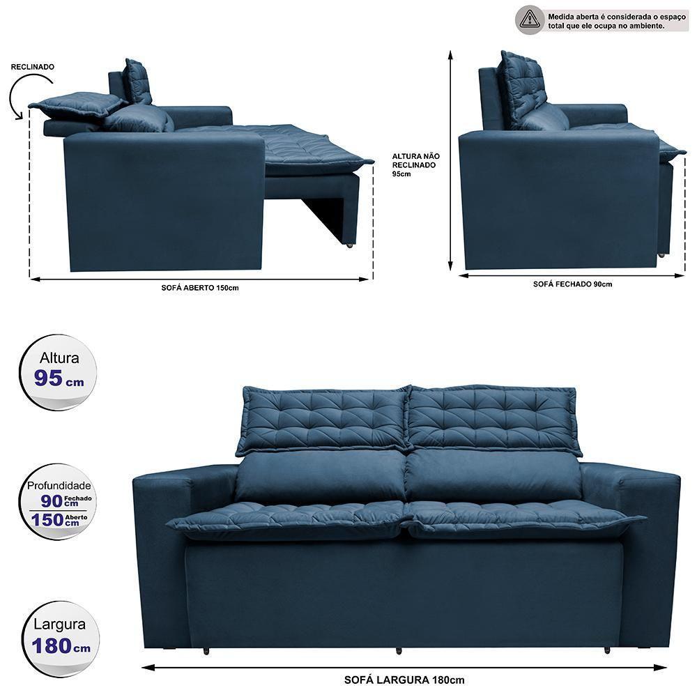 Sofá 3 Lugares Retrátil E Reclinável Cama Inbox Slim 1,80m Velusoft Azul - 7