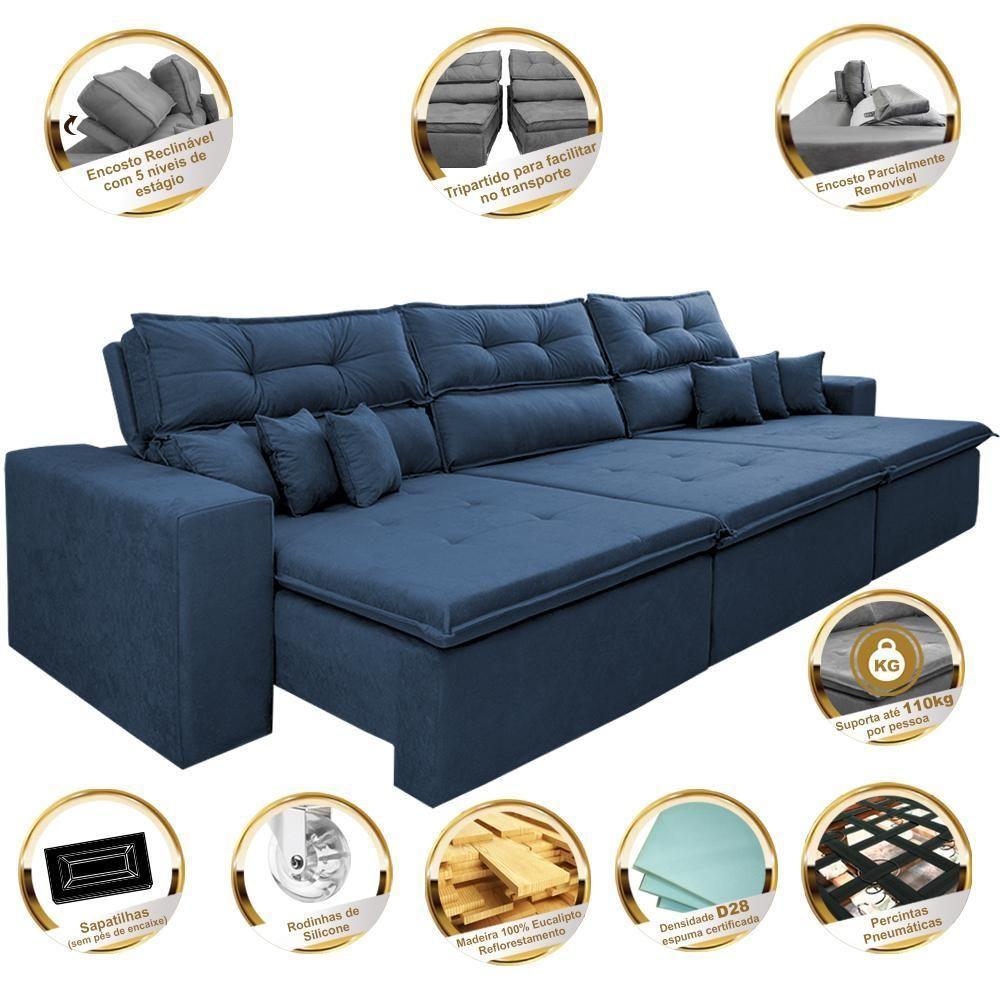 Sofá Cairo 3,52m Retrátil, Reclinável Tecido Suede Azul - 7