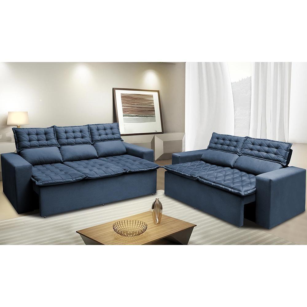 Conjunto De Sofá 3 E 2 Lugares Retrátil E Reclinável Cama Inbox Slim 2,00x1,50m Velusoft Azul - 1