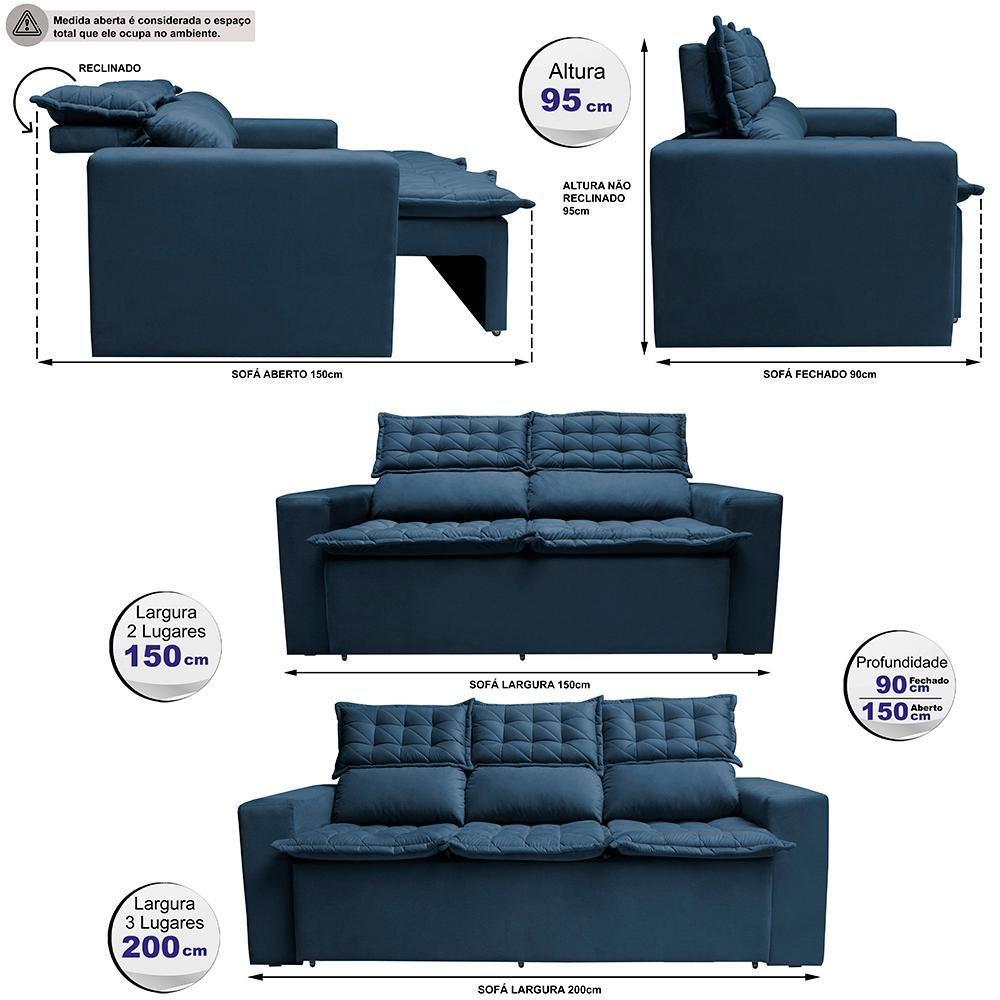 Conjunto De Sofá 3 E 2 Lugares Retrátil E Reclinável Cama Inbox Slim 2,00x1,50m Velusoft Azul - 7
