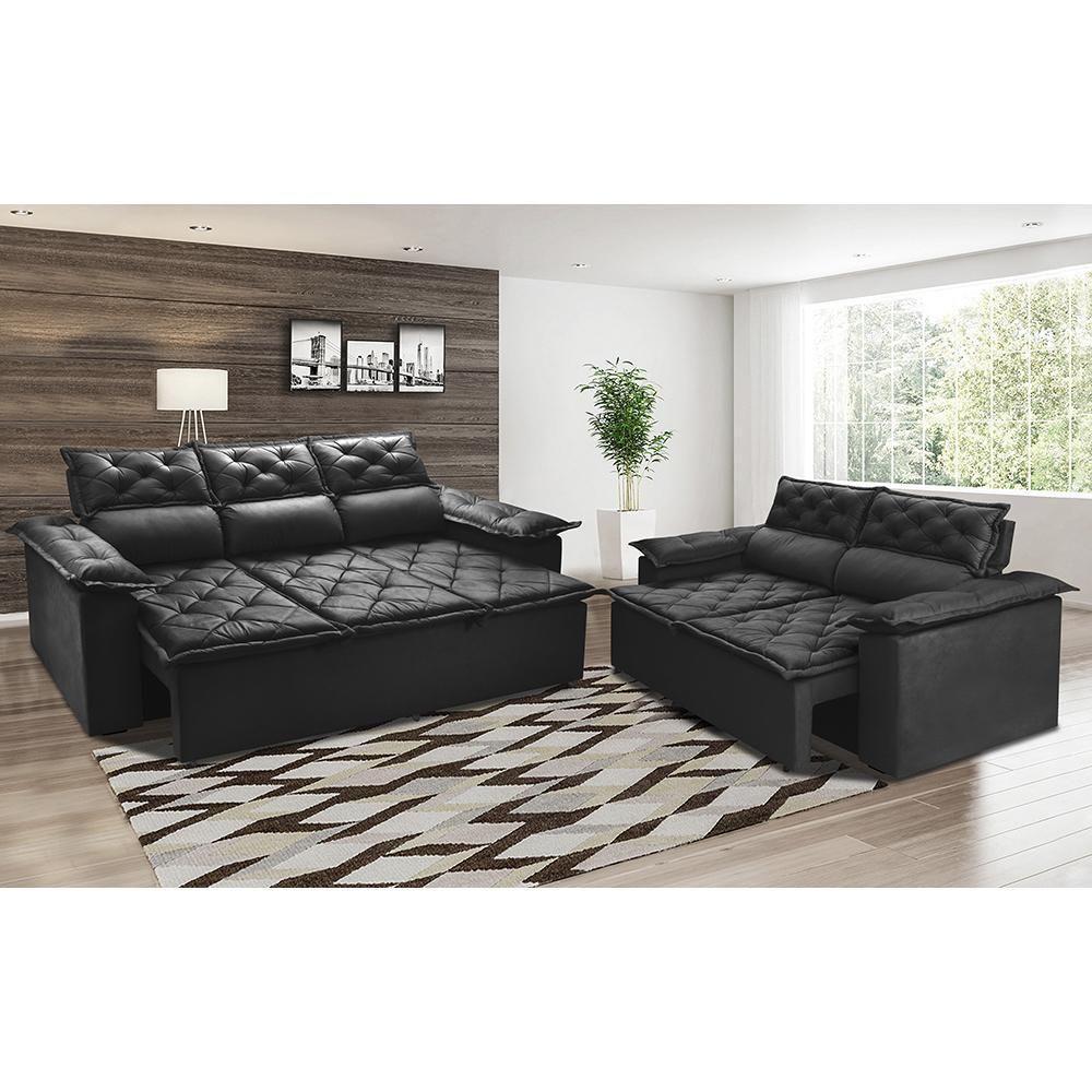Conjunto De Sofá 3 E 2 Lugares Retrátil E Reclinável Cama Inbox Compact 2,00x1,50m Velusoft Preto - 1