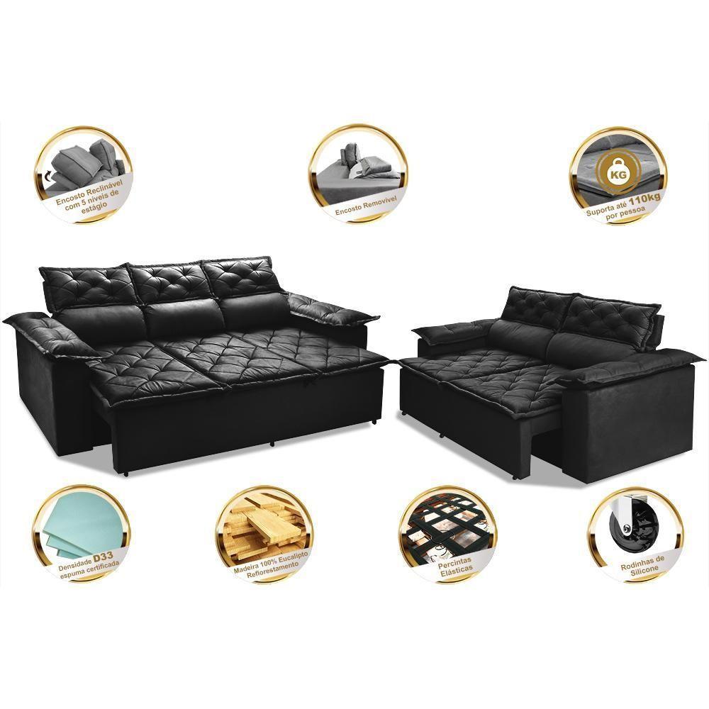 Conjunto De Sofá 3 E 2 Lugares Retrátil E Reclinável Cama Inbox Compact 2,00x1,50m Velusoft Preto - 7