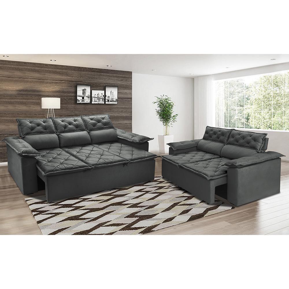 Conjunto De Sofá 3 E 2 Lugares Retrátil E Reclinável Cama Inbox Compact 2,00x1,50m Velusoft Cinza - 1