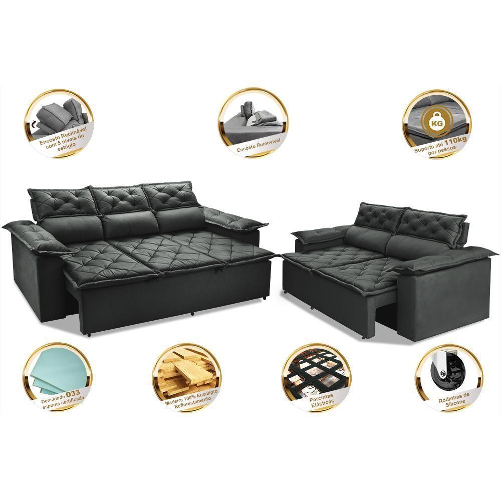 Conjunto De Sofá 3 E 2 Lugares Retrátil E Reclinável Cama Inbox Compact 2,00x1,50m Velusoft Cinza - 7