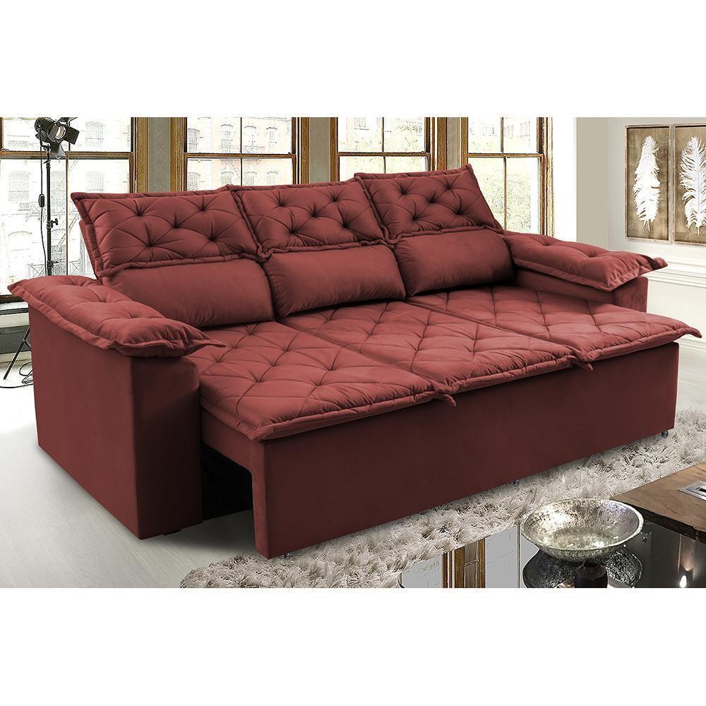 Sofá 3 Lugares Retrátil E Reclinável Cama Inbox Compact 2,00m Velusoft Vermelho - 1