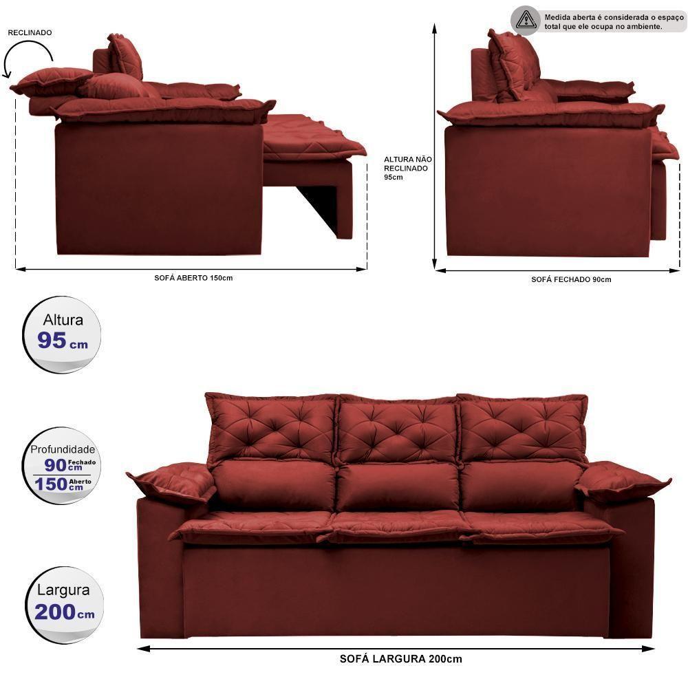 Sofá 3 Lugares Retrátil E Reclinável Cama Inbox Compact 2,00m Velusoft Vermelho - 8
