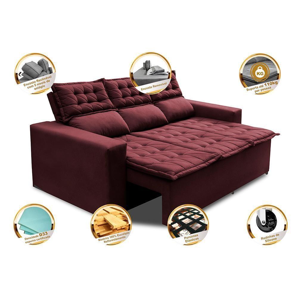 Sofá 3 Lugares Retrátil E Reclinável Cama Inbox Slim 2,00m Velusoft Vinho - 7