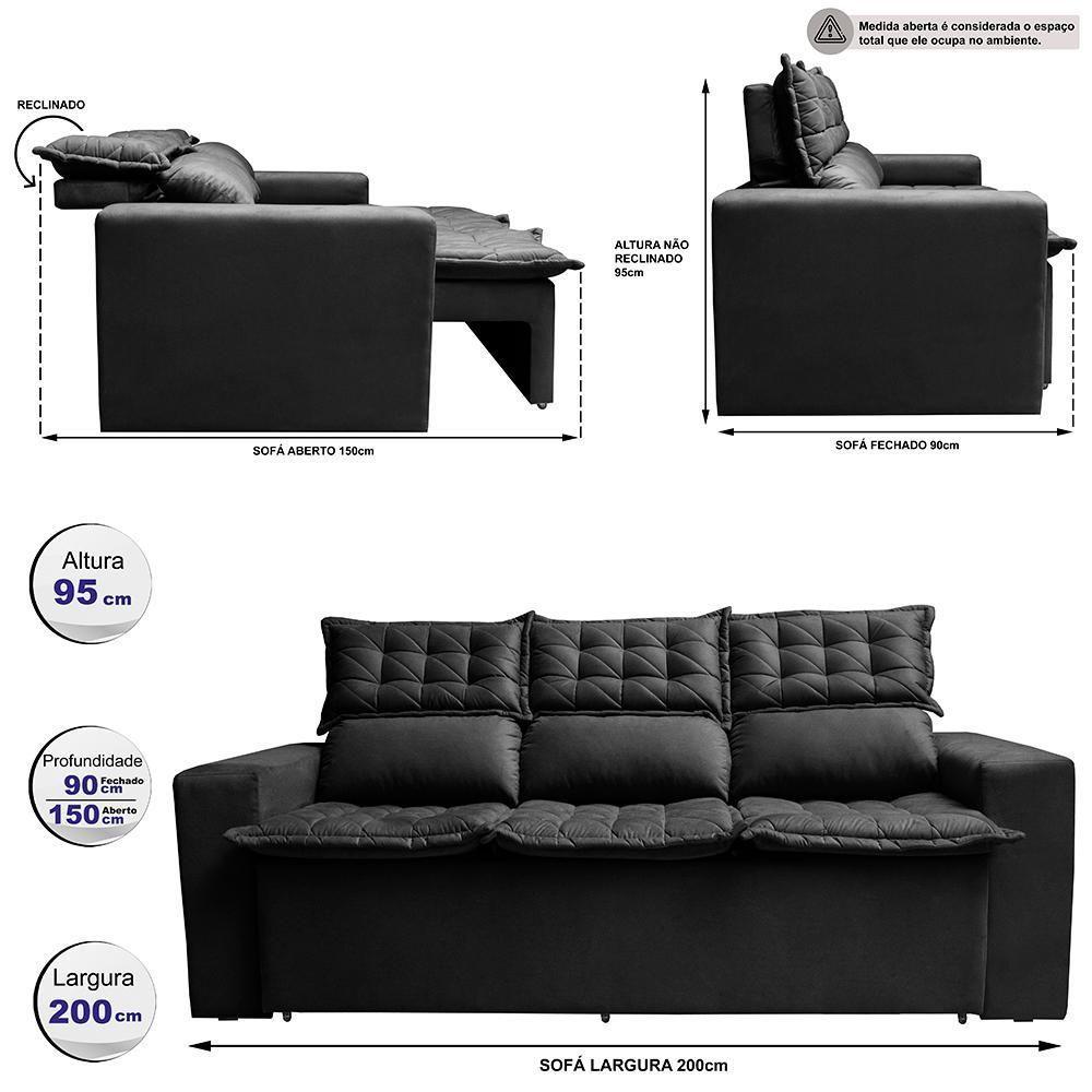 Sofá 3 Lugares Retrátil E Reclinável Cama Inbox Slim 2,00m Velusoft Preto - 7