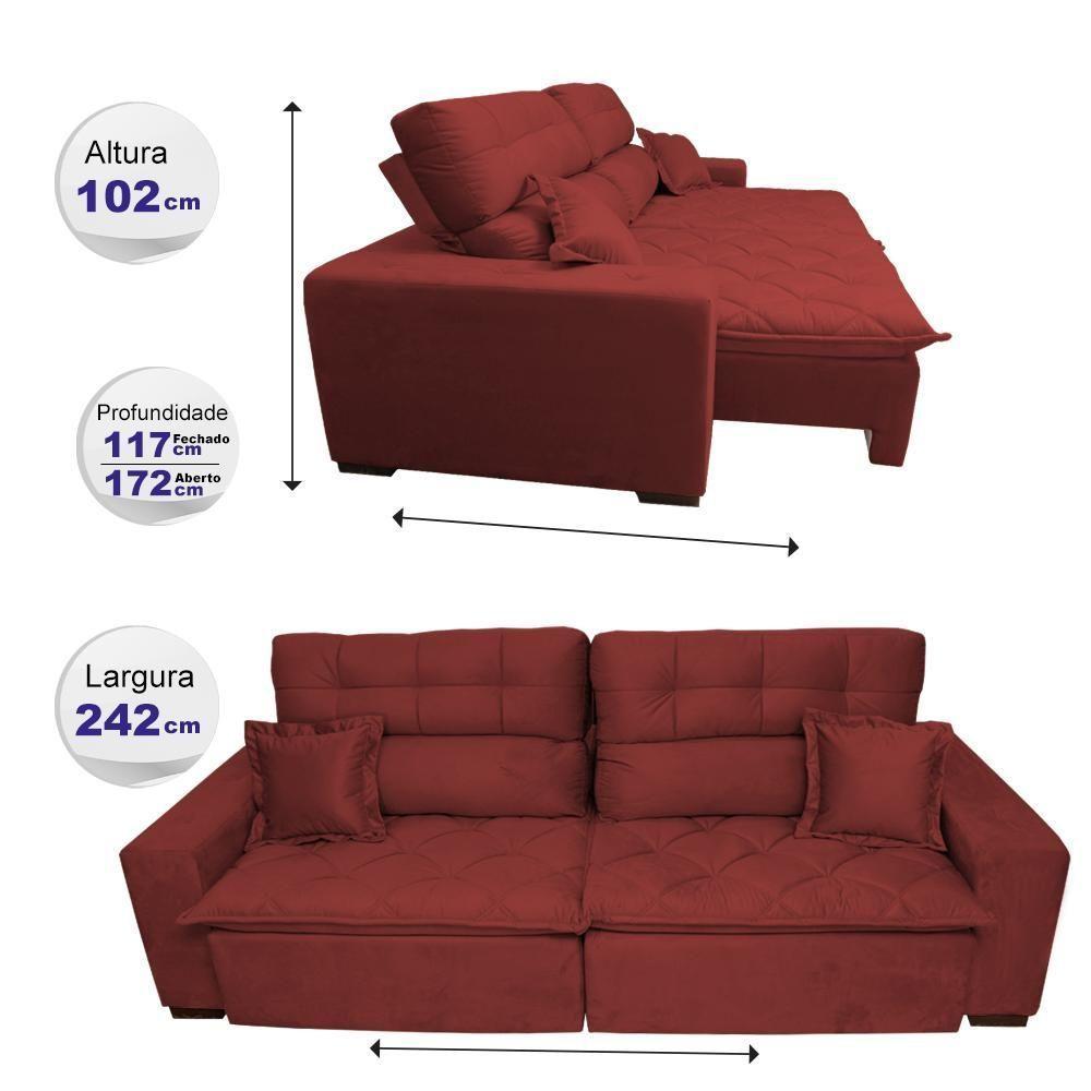 Sofá 2,42m Retrátil E Reclinável Com Molas Cama Inbox Confort Tecido Suede Velusoft Vermelho - 6