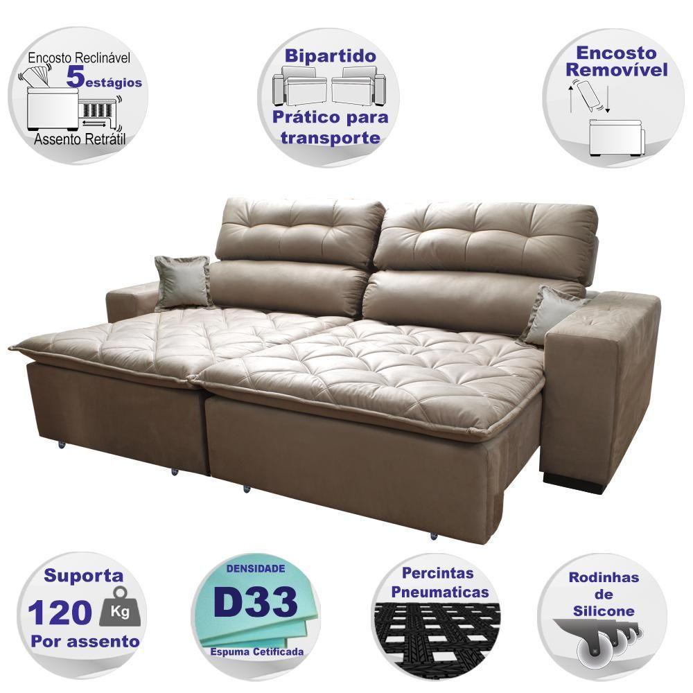 Sofá 2,82m Retrátil E Reclinável Com Molas Cama Inbox Confort Tecido Suede Velusoft Castor - 5
