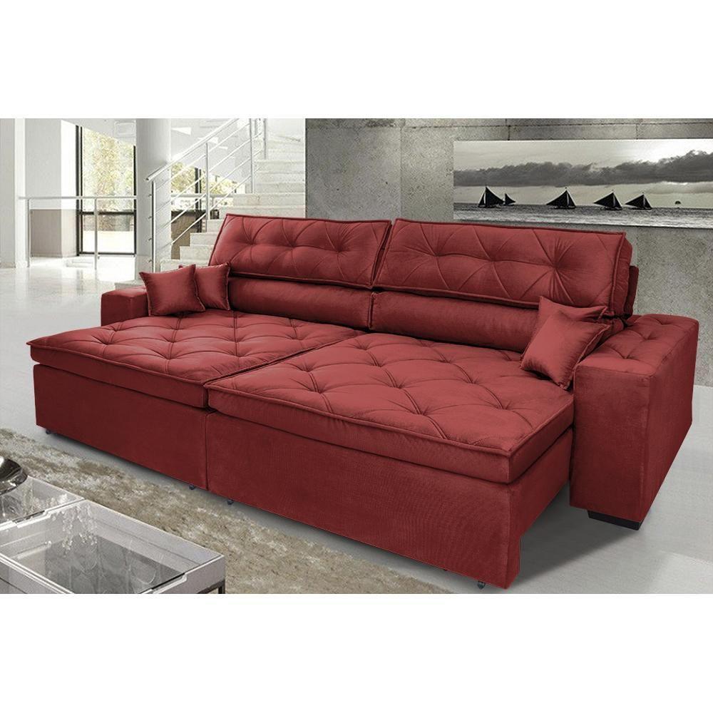Sofá Austin 2,22m Retrátil, Reclinável Com Molas No Assento E Almofadas, Suede Vermelho Cama Inbox - 1