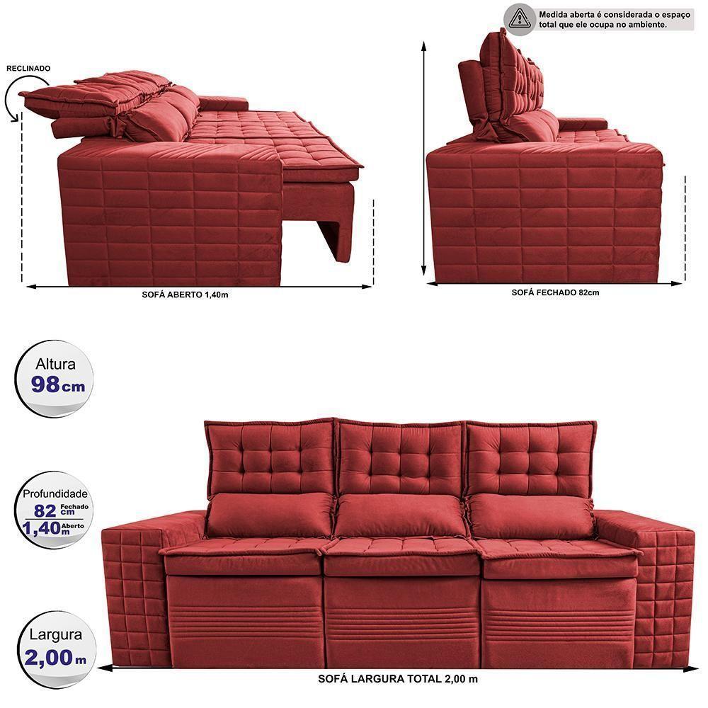 Sofá 3 Lugares Retrátil E Reclinável Cama Inbox Senses 2,00m Velusoft Vermelho - 5