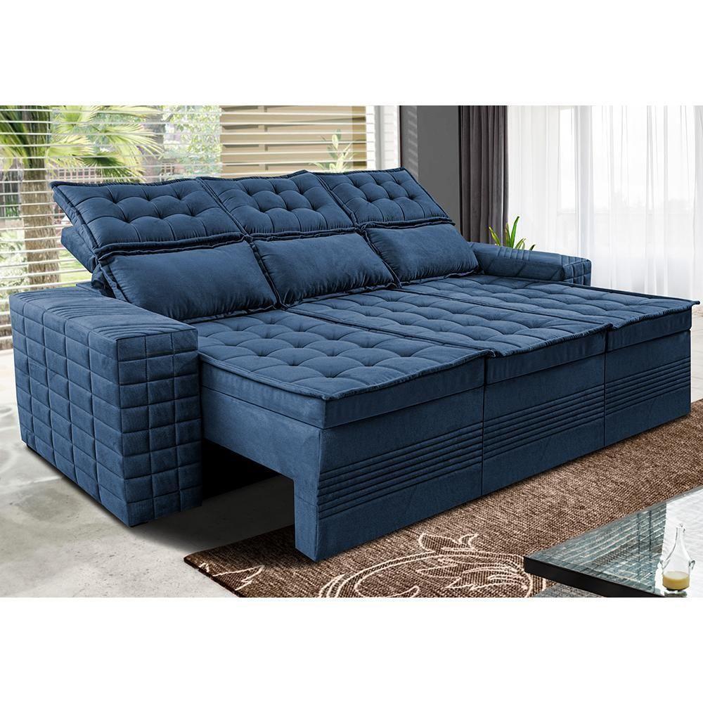 Sofá 3 Lugares Retrátil E Reclinável Cama Inbox Senses 2,00m Velusoft Azul - 1