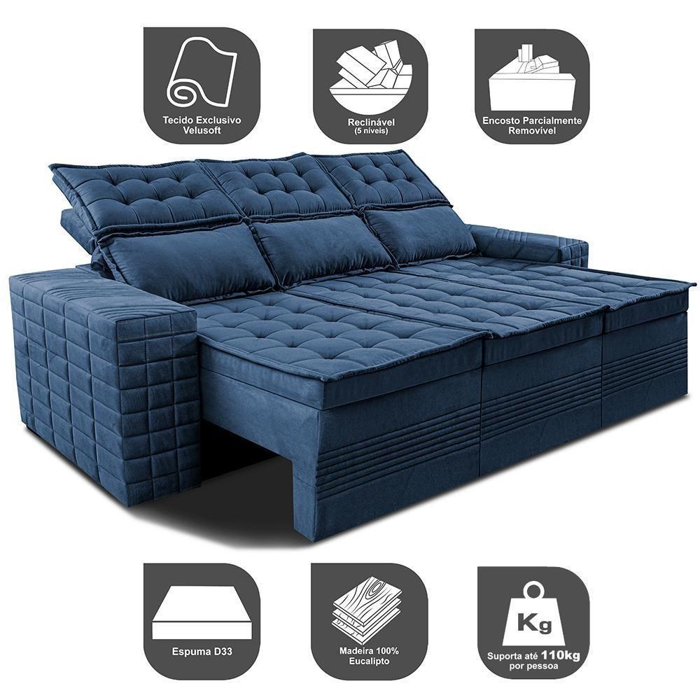 Sofá 3 Lugares Retrátil E Reclinável Cama Inbox Senses 2,00m Velusoft Azul - 5