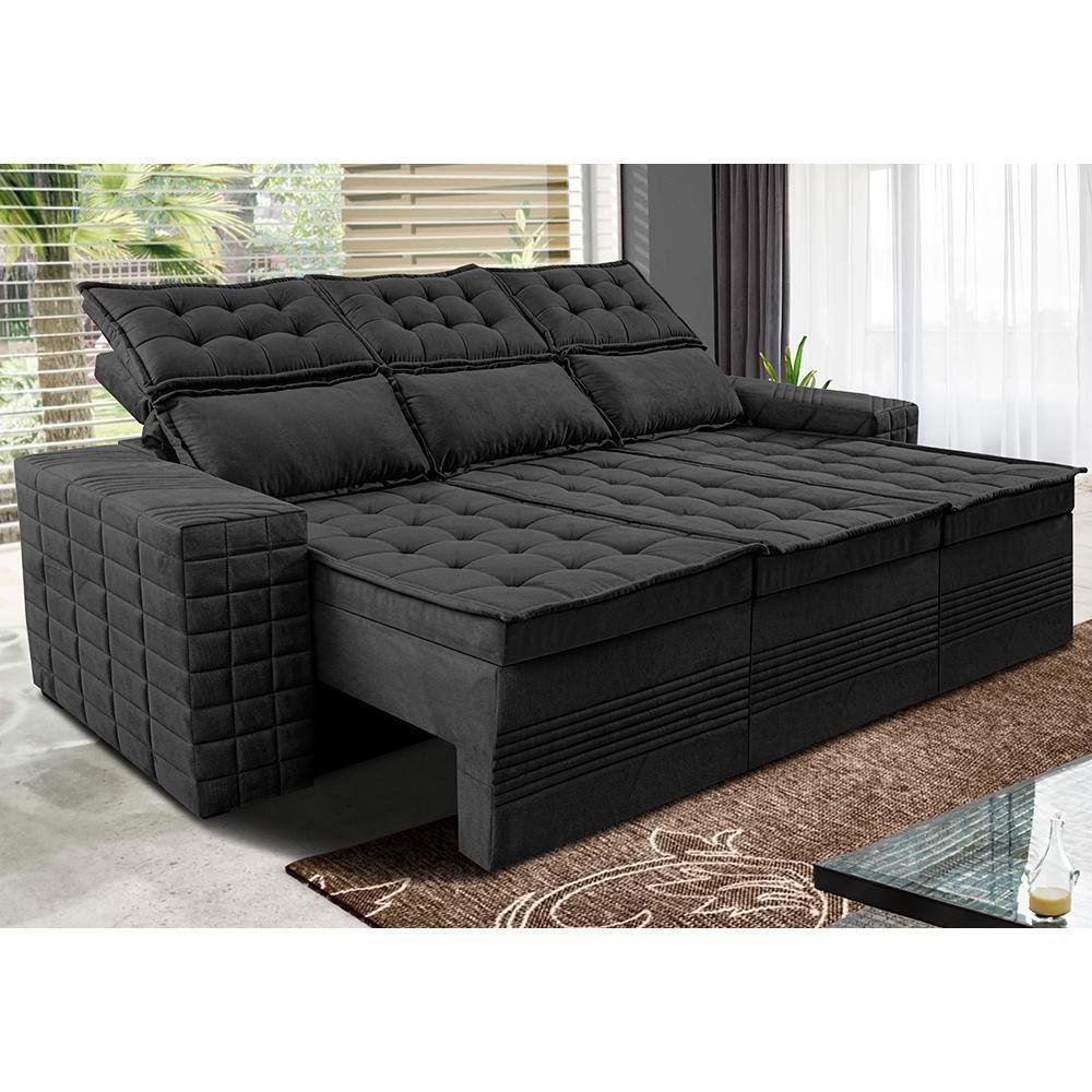 Sofá 3 Lugares Retrátil E Reclinável Cama Inbox Senses 2,00m Velusoft Preto - 1