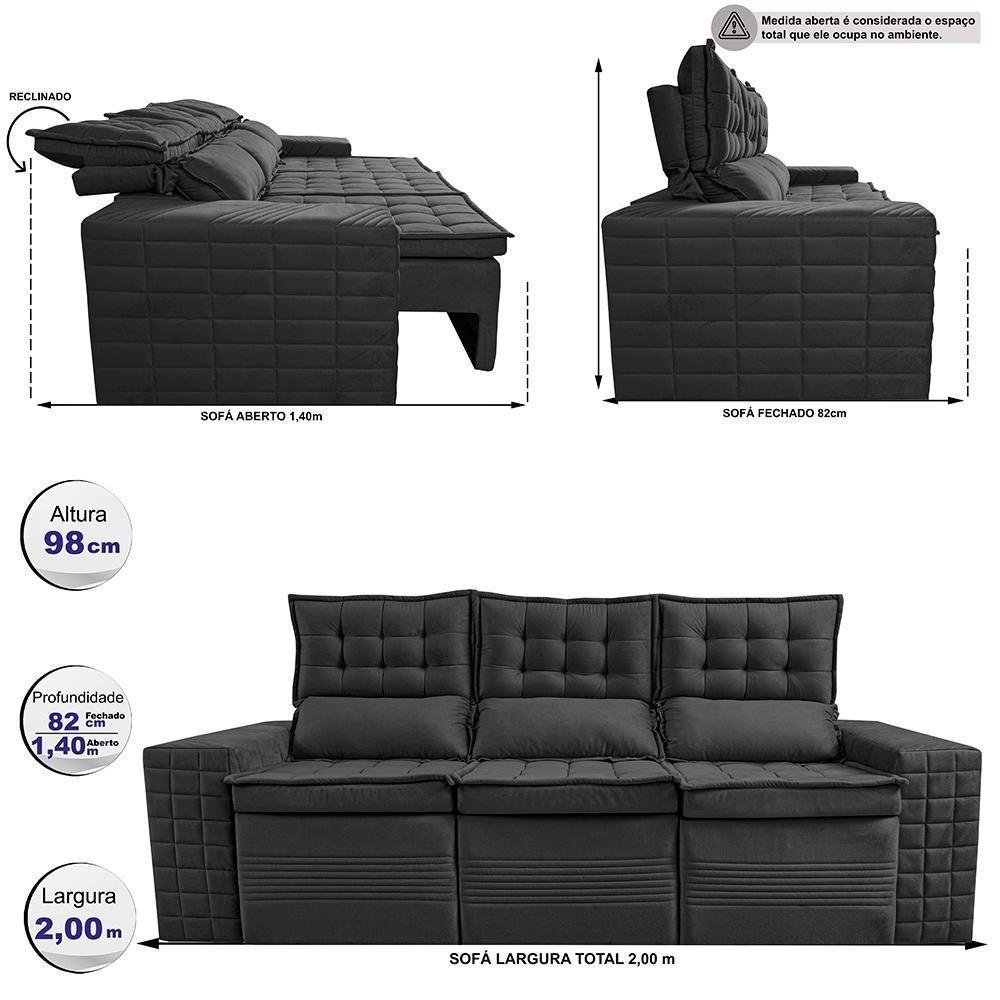 Sofá 3 Lugares Retrátil E Reclinável Cama Inbox Senses 2,00m Velusoft Preto - 7