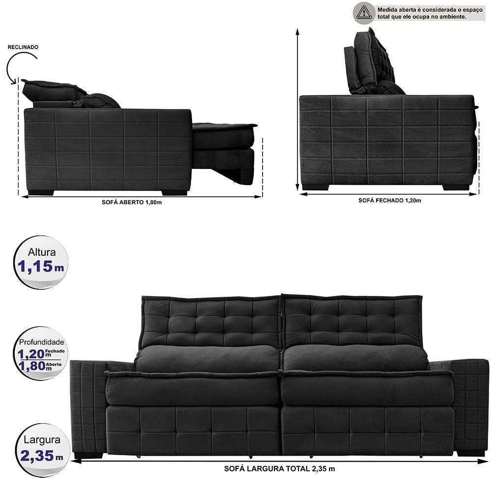 Sofá Retrátil E Reclinável 2,35M Cama Inbox Big Puffer Com Softgel D40 Velupluma Preto - 8